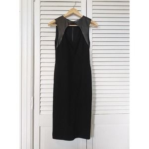 Alice + Olivia Black Leather Trim Open Front Pencil Sheath Midi Dress Size 4